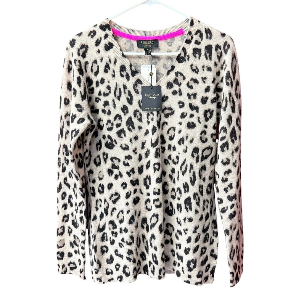 Charter Club 100% Cashmere Sweater Womens Medium Tan Leopard V-Neck Long Sleeve